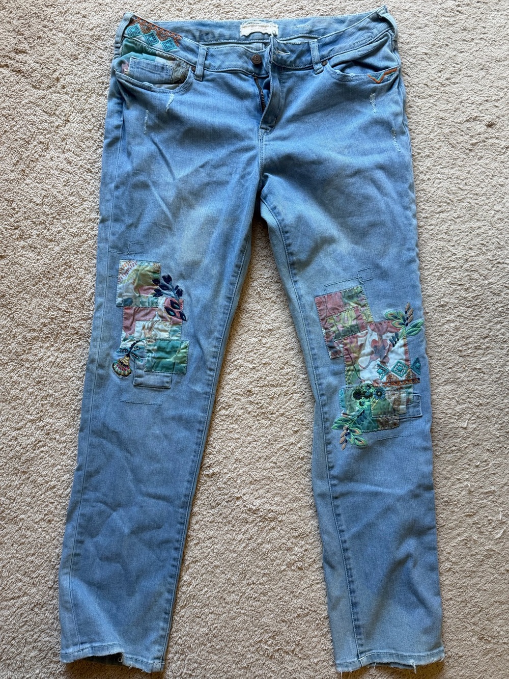 Sundance Light Blue Straight Leg Skinny Jeans with Floral Patchwork